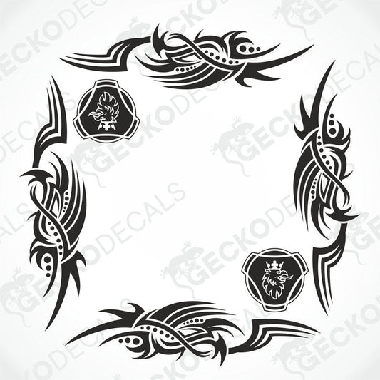 A set of two black tribal patterned vehicle decals designed for side window placement, including a griffin emblem.
