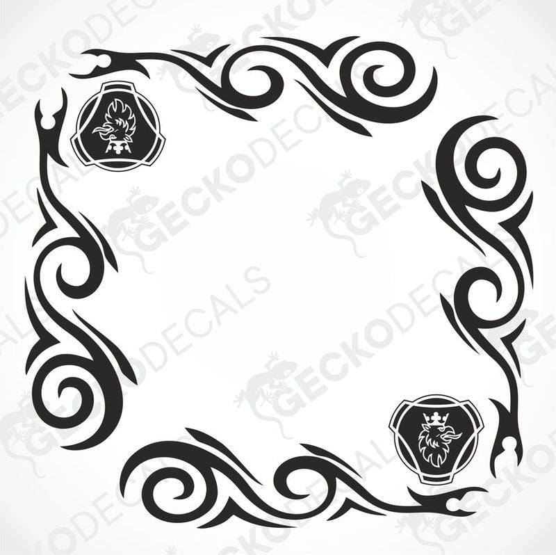 A set of two black tribal patterned decals for SCANIA side windows, designed for use on both interior and exterior surfaces.