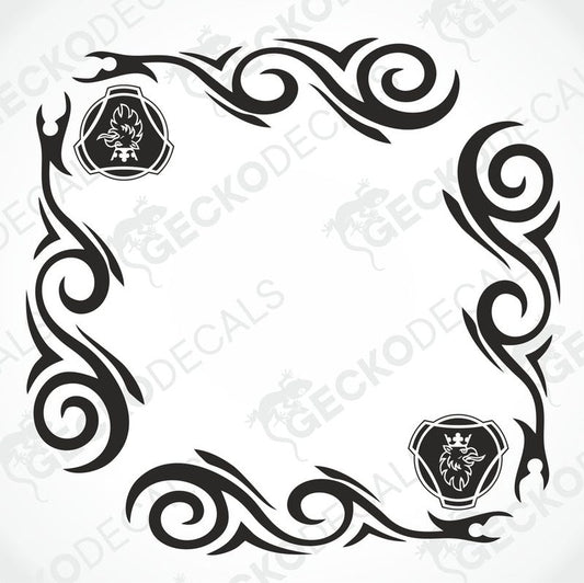 A set of two black tribal patterned decals for SCANIA side windows, designed for use on both interior and exterior surfaces.