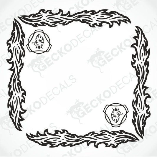 A set of two black and white tribal patterned side window decals for a Scania truck, including the brand's griffin logo within the design.