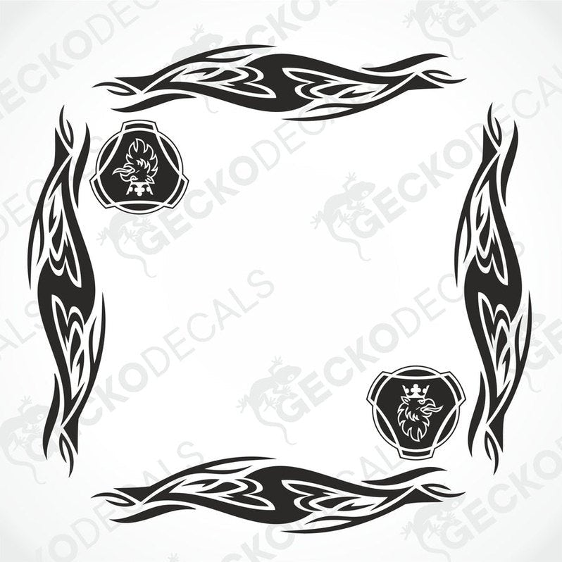 A set of black tribal patterned side window decals for a vehicle, including two with emblem details.