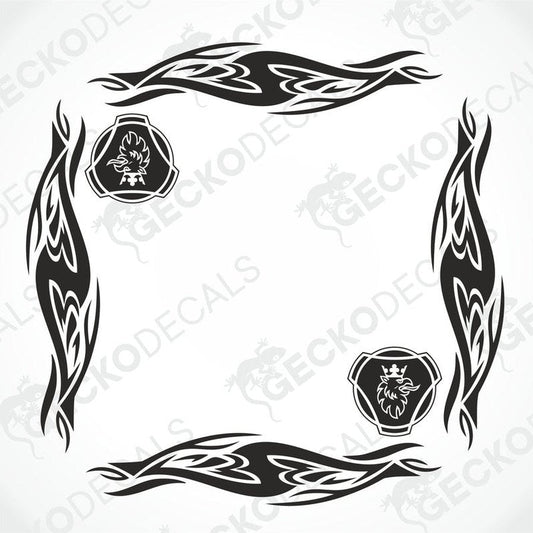 A set of black tribal patterned side window decals for a vehicle, including two with emblem details.