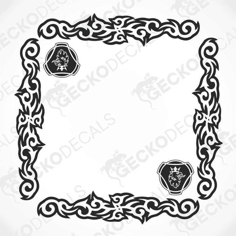 A set of two black tribal patterned side window decals for vehicles, displayed on a white background.