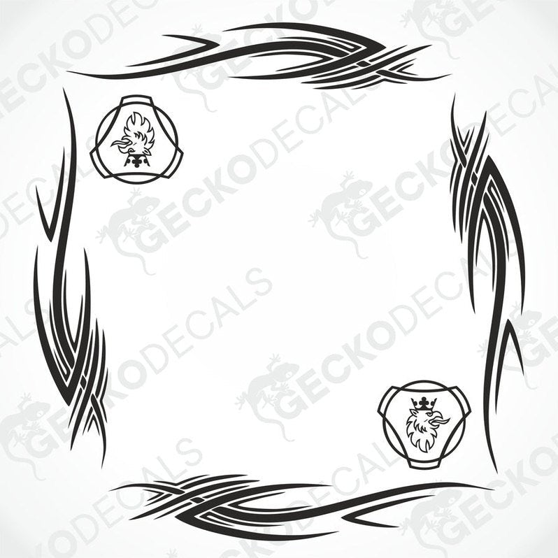 A set of two black tribal patterned decals for SCANIA side windows, designed for both interior and exterior use, displayed on a white background.