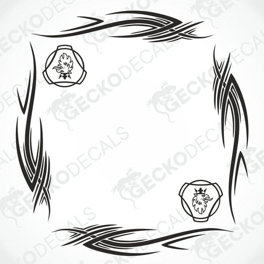 A set of two black tribal patterned decals for SCANIA side windows, designed for both interior and exterior use, displayed on a white background.