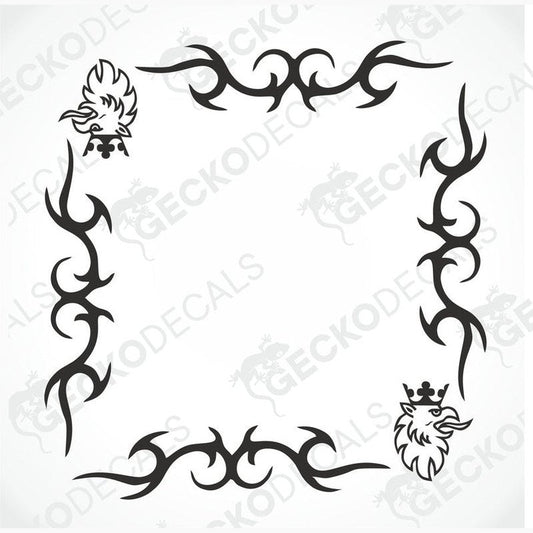 A set of two black tribal patterned decals for Scania side windows, designed for both interior and exterior use.