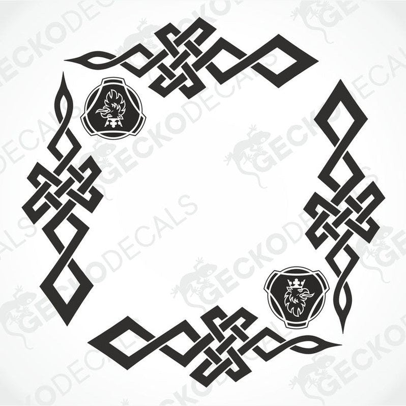 A set of two black tribal pattern side window decals for a Scania truck, with a logo at the center of each decal.