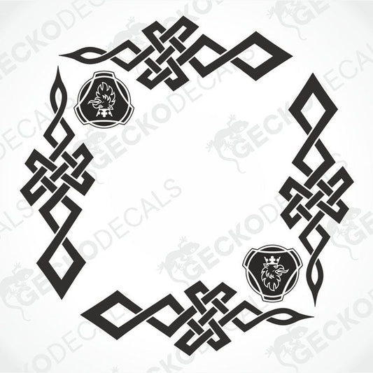 A set of two black tribal pattern side window decals for a Scania truck, with a logo at the center of each decal.