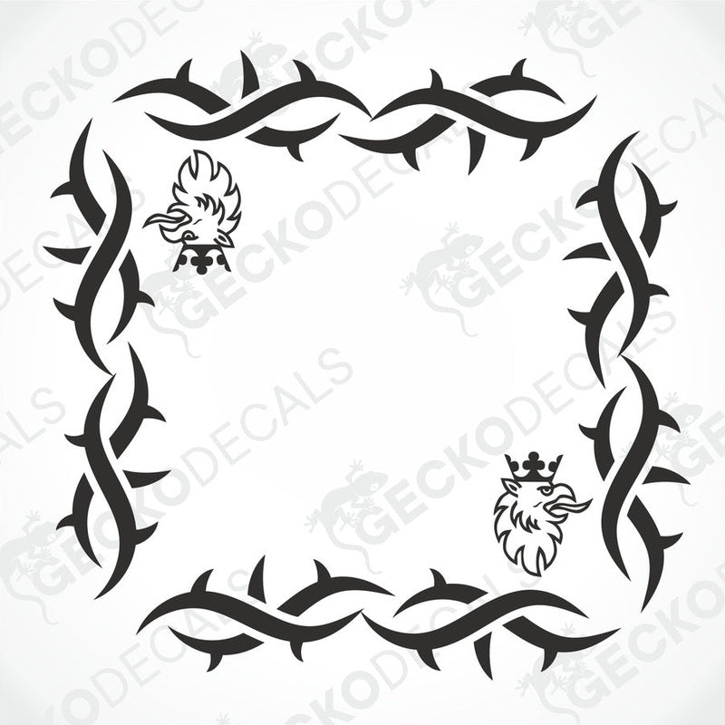 A set of two black tribal pattern side window decals for a Scania truck, including a logo and decorative elements.
