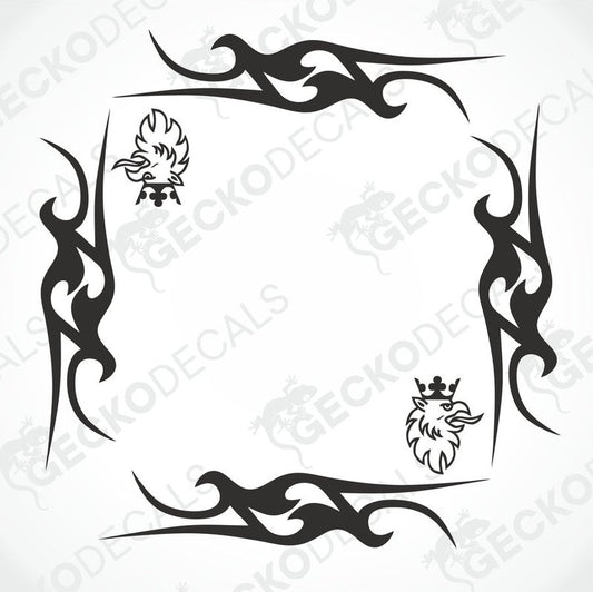 A set of black tribal pattern die cut decals for vehicle windows, displayed on a white background