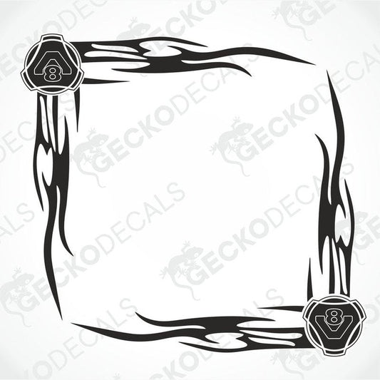 A pair of black and white tribal patterned side window decals for a Scania truck, including V8 engine motifs.