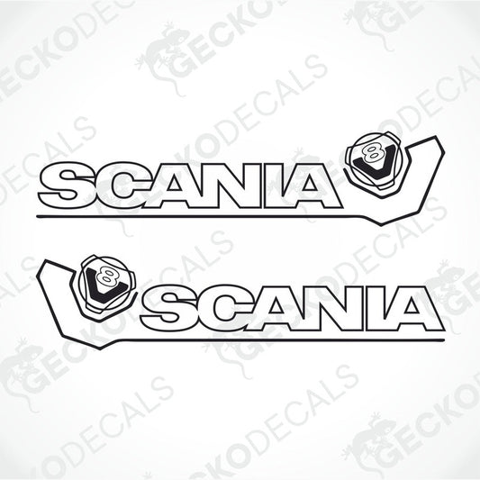 A pair of black and white Scania V8 decals intended for use on vehicles.