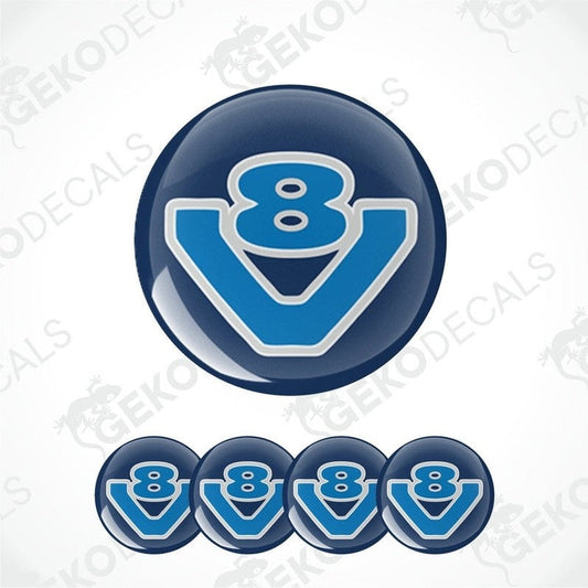 A set of blue and white vinyl decals with a number 8 and a V8 symbol, domed and epoxy resin coated.