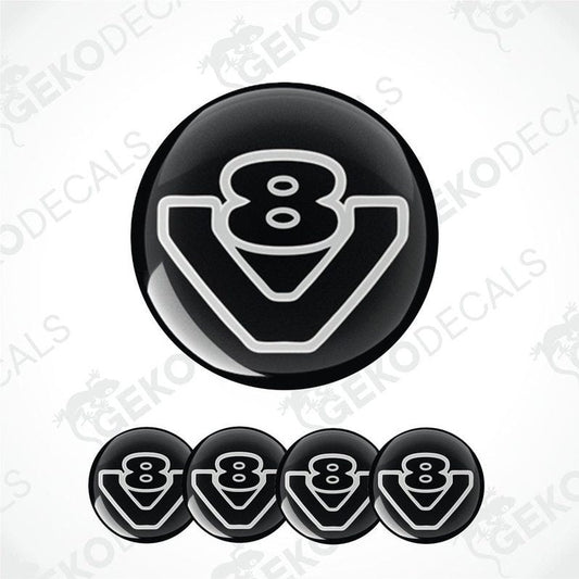 A set of four black vinyl stickers with a white design, including the text 'V8' and a Scania logo.