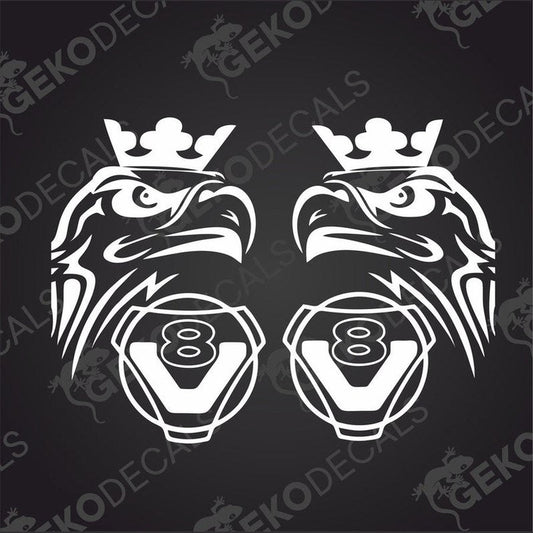 A pair of white decal stickers depicting the head of an eagle wearing a crown, with the number 8 on each side.