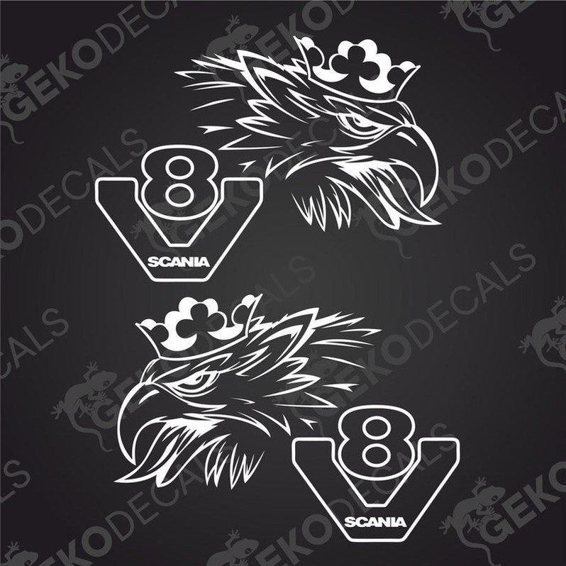 A set of two white decal stickers with the Scania V8 logo, depicting an eagle's head, designed for use on vehicles.