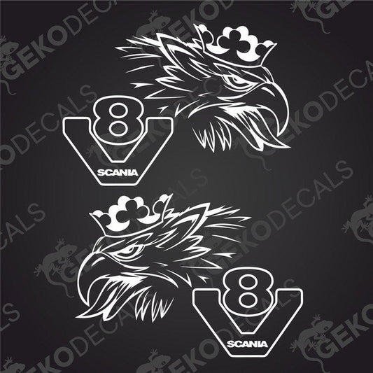 A set of two white decal stickers with the Scania V8 logo, depicting an eagle's head, designed for use on vehicles.