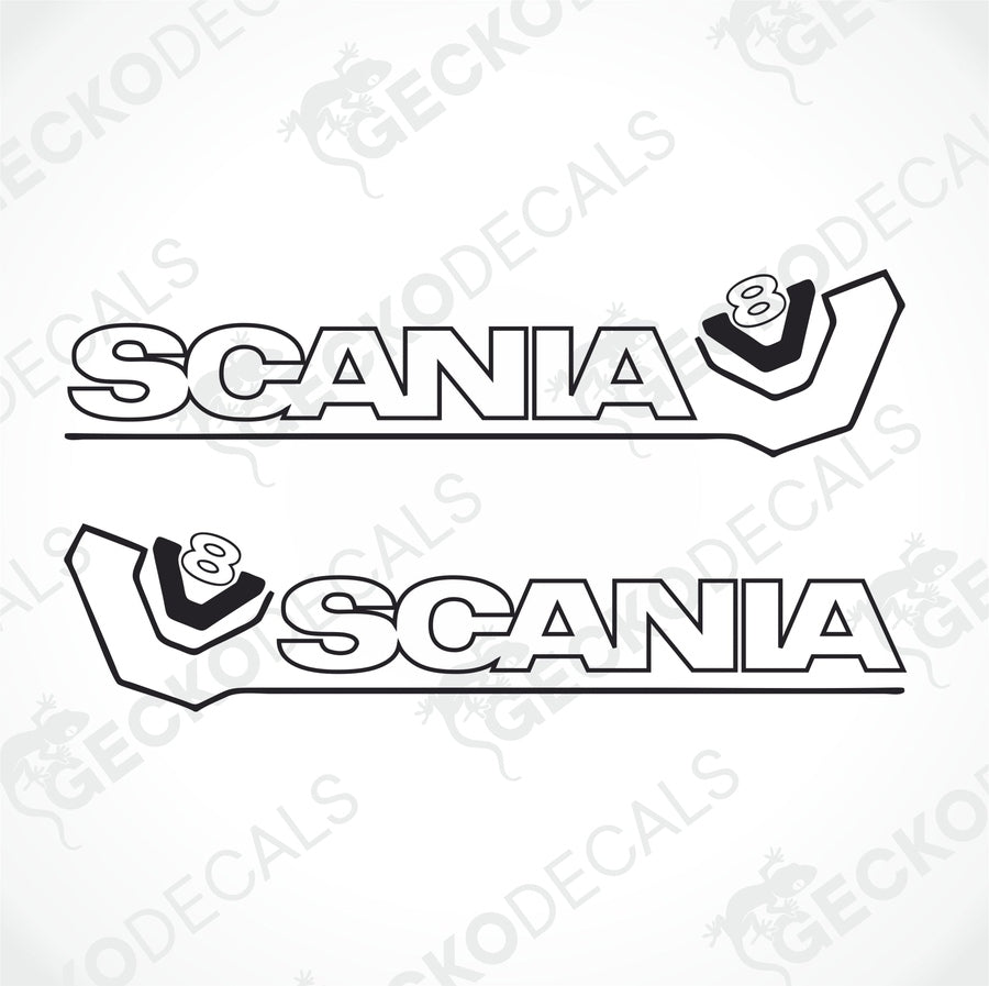 A pair of black and white decals with the text 'SCANIA' and a V8 engine symbol, designed for use on vehicles.