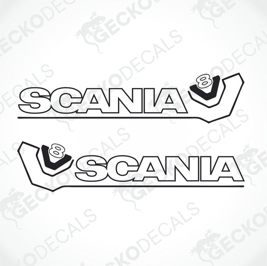 A pair of black and white decals with the text 'SCANIA' and a V8 engine symbol, designed for use on vehicles.