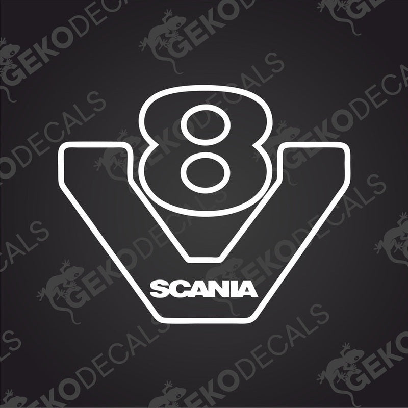 A die cut sticker with the brand name SCANIA V8, suitable for use on vehicles or other surfaces.