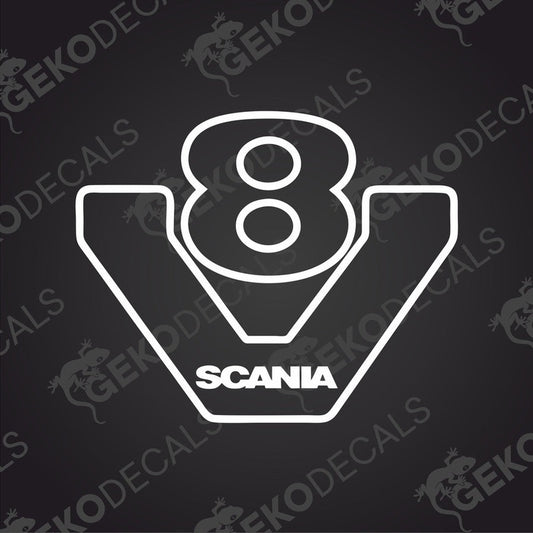 A die cut sticker with the brand name SCANIA V8, suitable for use on vehicles or other surfaces.