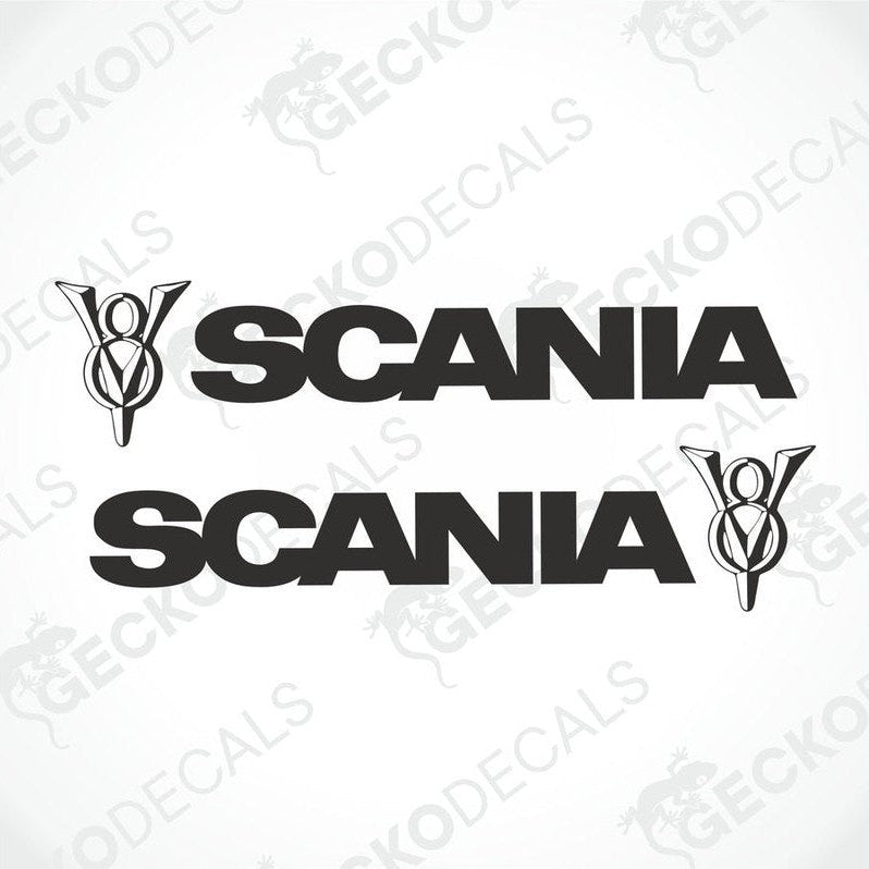 Two black Scania vehicle decals displayed on a white background, one with the Scania logo and the other with the text 'SCANIA' in bold.