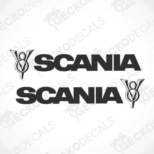 Two black Scania vehicle decals displayed on a white background, one with the Scania logo and the other with the text 'SCANIA' in bold.