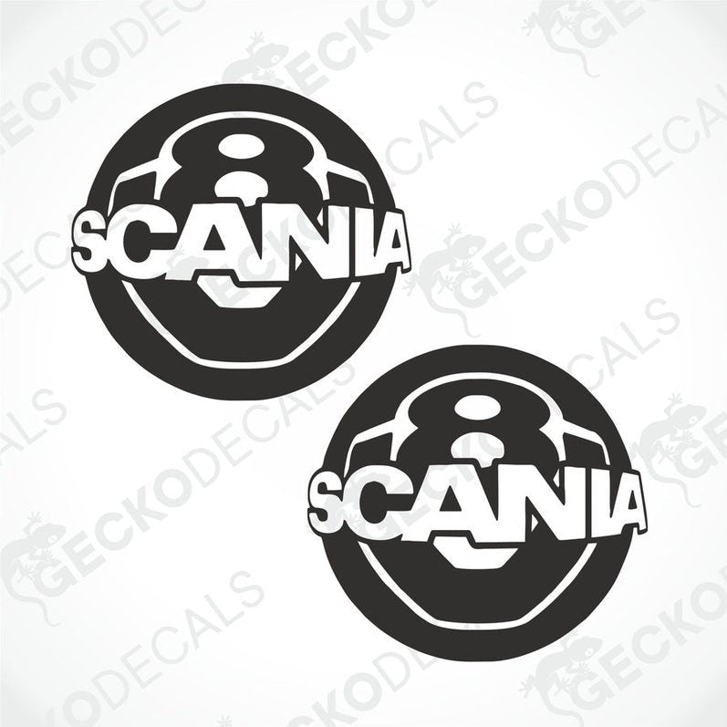 Two black and white decals with the SCANIA V8 logo.