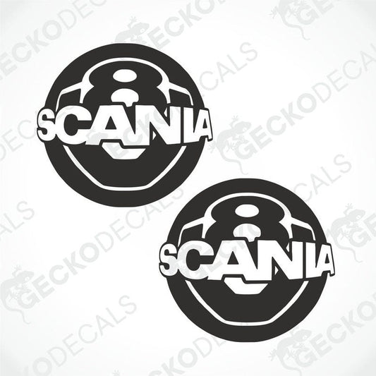 Two black and white decals with the SCANIA V8 logo.