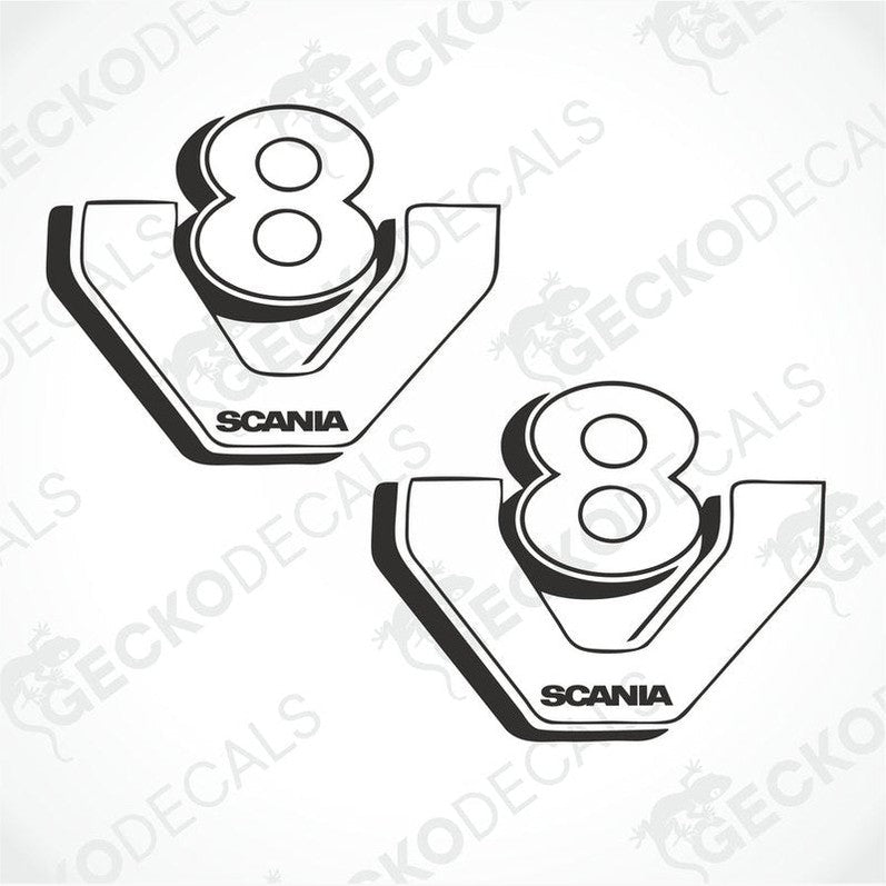 Two black and white vehicle decals featuring the Scania V8 logo.