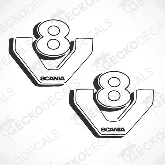 Two black and white vehicle decals featuring the Scania V8 logo.