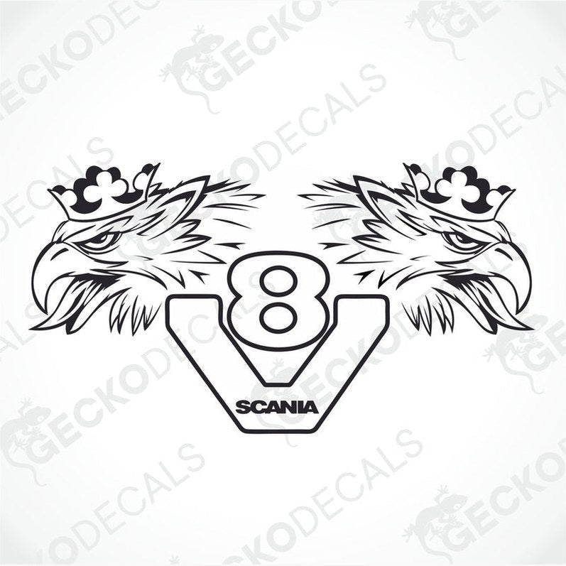 A decal sticker with two stylized eagle heads flanking a 'V8' engine symbol with 'SCANIA' written underneath.