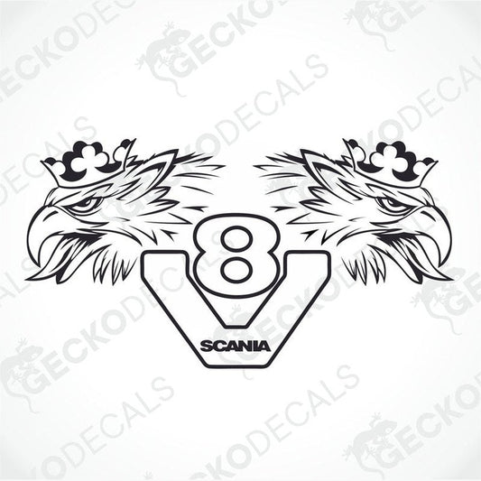 A decal sticker with two stylized eagle heads flanking a 'V8' engine symbol with 'SCANIA' written underneath.