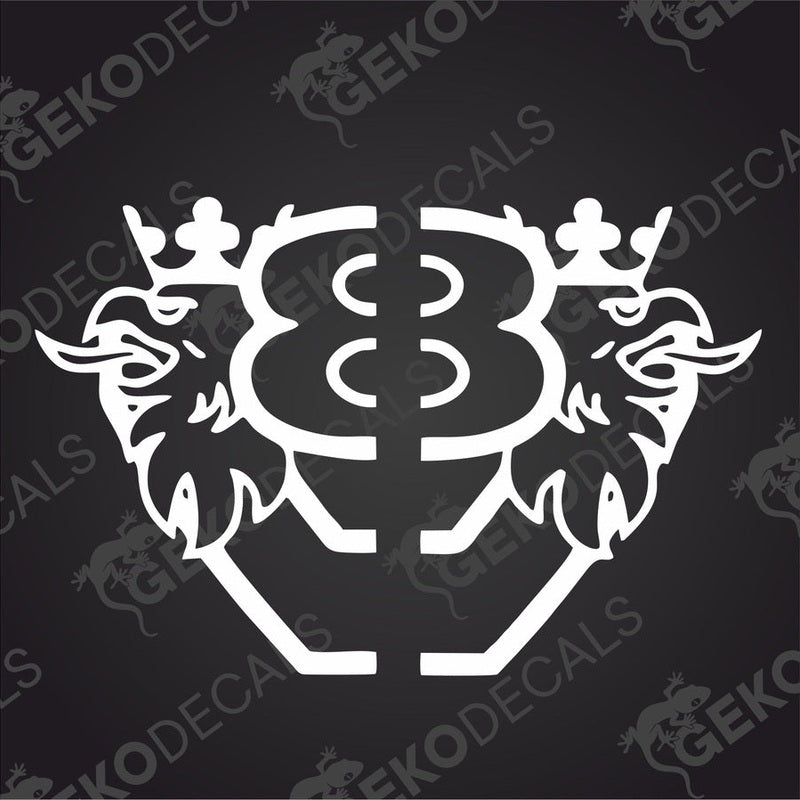 A die cut decal of a SCANIA V8 logo, designed for use on vehicles either interior or exterior, displayed on a black background.
