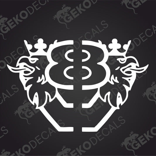 A die cut decal of a SCANIA V8 logo, designed for use on vehicles either interior or exterior, displayed on a black background.