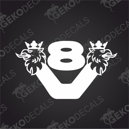 A black decal with the Scania V8 logo, consisting of a V-shaped design with two stylized lions' heads at the top.