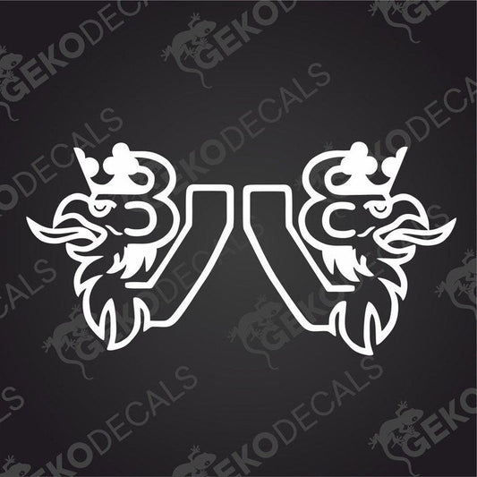 A set of two white decals with a Scania V8 logo, designed for use on trucks.