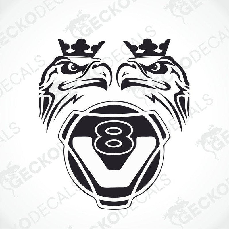 A black and white decal of two stylized eagle heads with crowns on their heads, and the number 8 in the center.