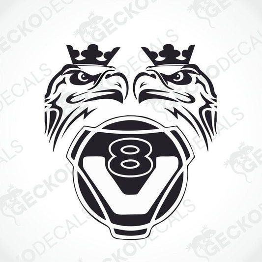 A black and white decal of two stylized eagle heads with crowns on their heads, and the number 8 in the center.