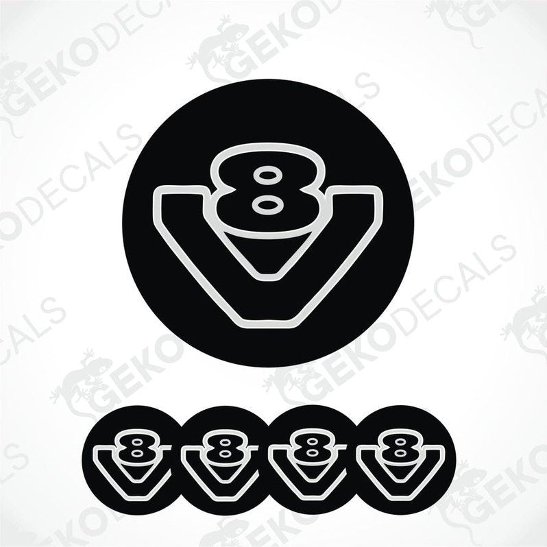 A set of four black vinyl stickers with a white design, including the text 'V8' and a Scania logo.
