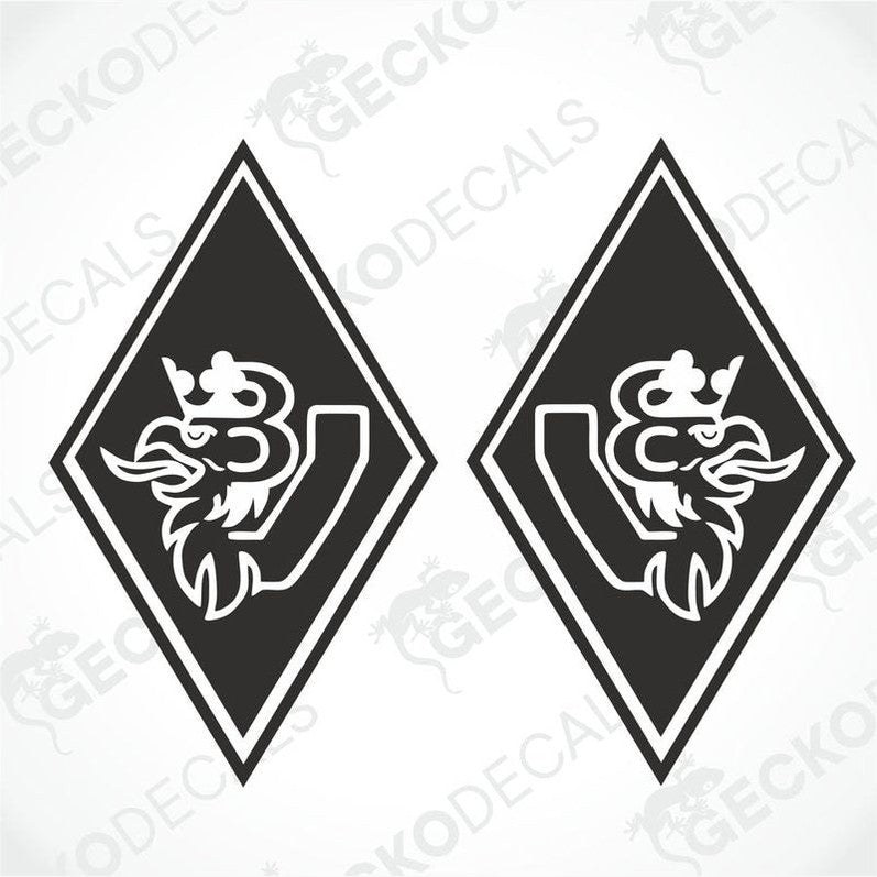 Two black decals for trucks, one with a diamond and crown design and the other with a dragon design, both with 'SCANIA V8' text.
