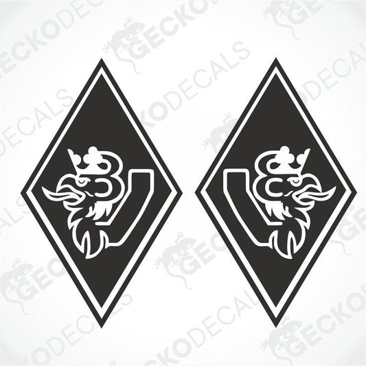 Two black decals for trucks, one with a diamond and crown design and the other with a dragon design, both with 'SCANIA V8' text.
