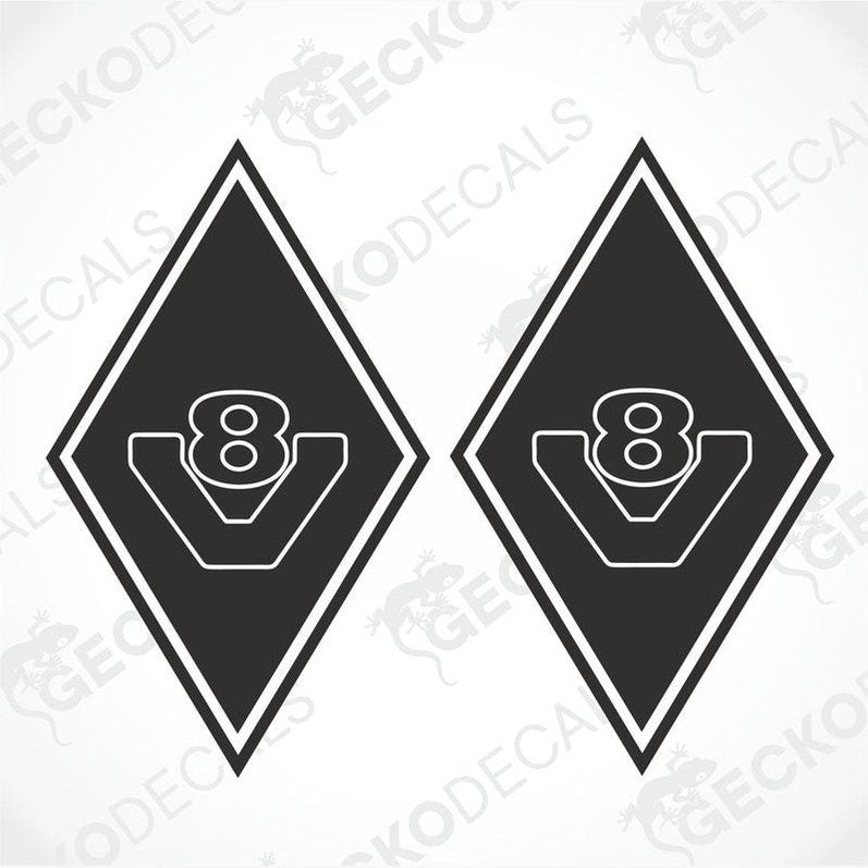Two black decals with a white diamond and the number V8