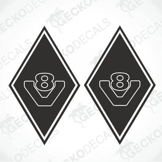 Two black decals with a white diamond and the number V8