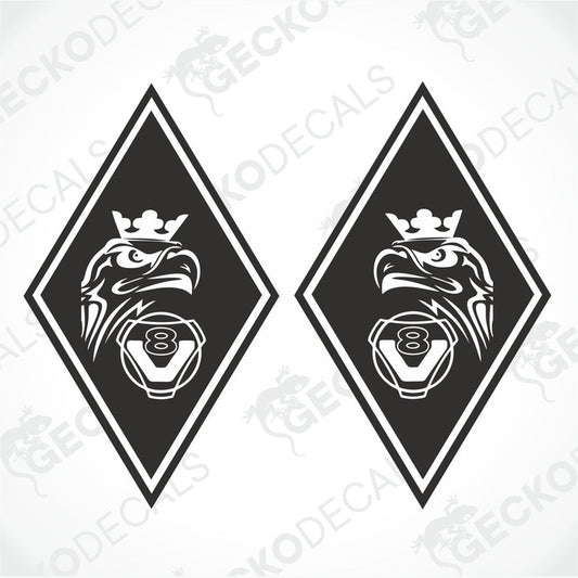 Two black and white die cut stickers with a geometric design, featuring an eagle and the number 8, on a white background.