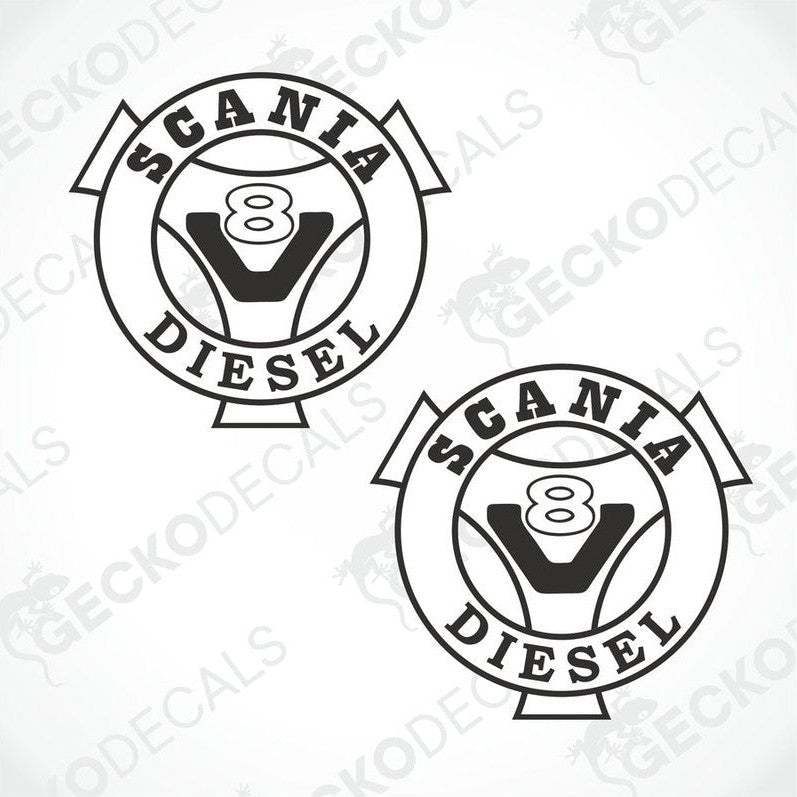 Two white decals with 'SCANIA DIESEL' text and a V8 symbol, delivered on a transfer paper with 'GECKODECALS' branding.