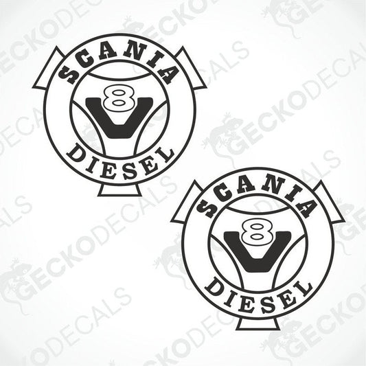 Two white decals with 'SCANIA DIESEL' text and a V8 symbol, delivered on a transfer paper with 'GECKODECALS' branding.