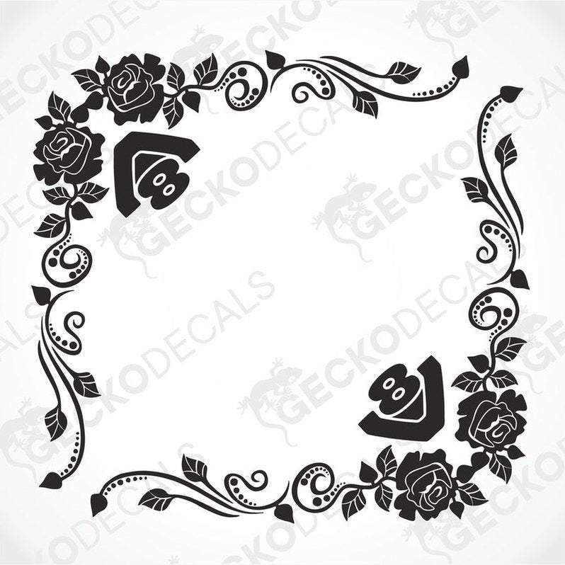 A black and white image of a die cut sticker with a floral design, including roses, intended for use as a decal on vehicles.