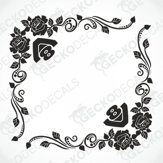 A black and white image of a die cut sticker with a floral design, including roses, intended for use as a decal on vehicles.