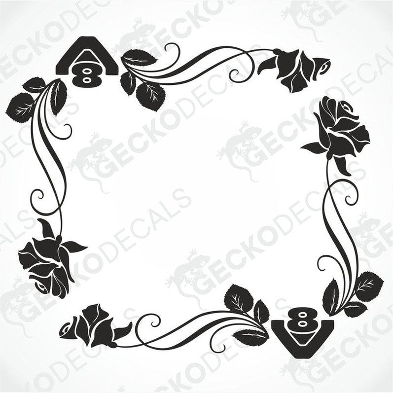 A black and white image of a floral side window decal with roses and leaves designed for a Scania V8 truck. The image shows the decal on a white background.